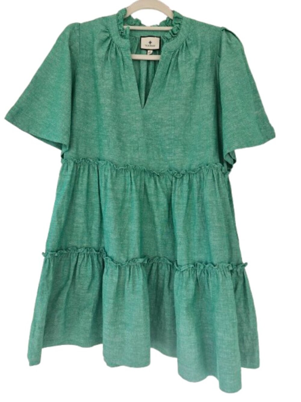Tuckernuck Sea Green Crawford Mini Dress Linen Blend Ruffle SZ Small - Picture 2 of 12